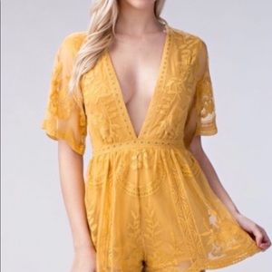 Honey Punch Lace Romper- Mustard